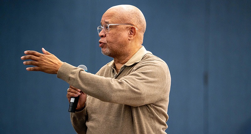 Shannan Jones speaking at a podium